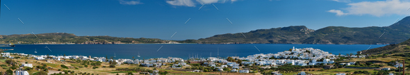 Panoramic view of Plaka village with traditional Greek church. Milos island, Greece - Stock Photo - Images