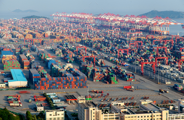 Chinese containers in Yangshan Port in Shanghai - Stock Photo - Images