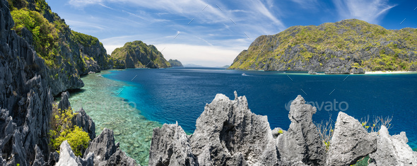 El Nido, Palawan, Philippines. Panorama of tapiutan strait with tourist boats on tour C. View from - Stock Photo - Images