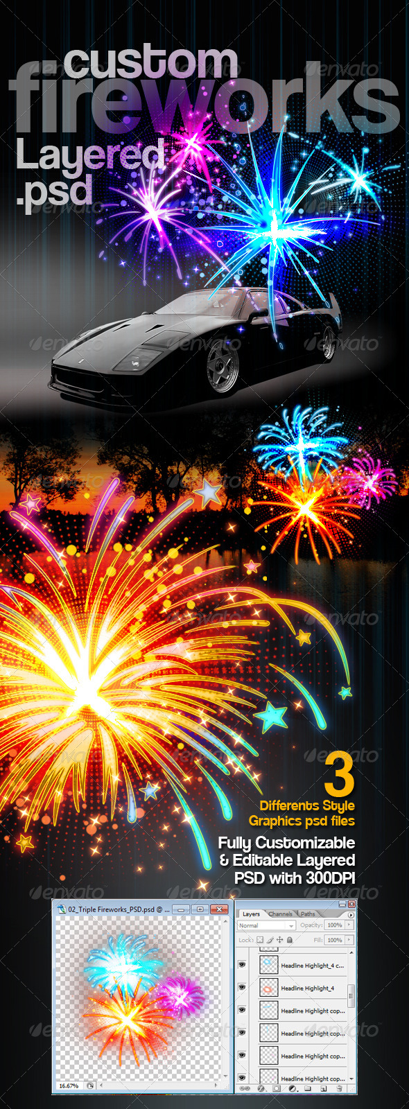 Custom Fireworks Layered PSD Graphics - Decorative Graphics