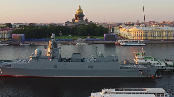 Aerial Morning Urban Landscape with Warships in the Waters of the Neva River Before the Holiday of alt