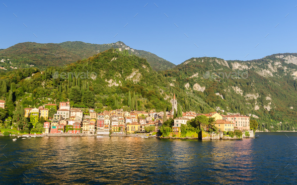 The shore of Varenna from Lake Como - Stock Photo - Images