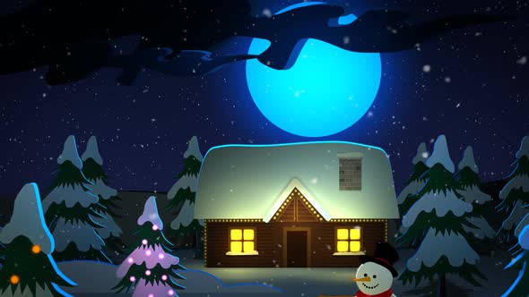 The Merry Christmas words appear above the and old cottage covered by the snow. alt