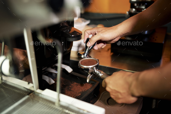Barista tamping arabica grounds - Stock Photo - Images