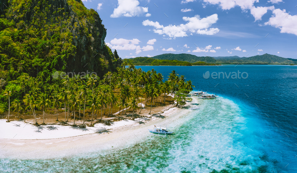 Epic Pinagbuyutan Island, El Nido, Palawan, Philippines. Aerial drone view of remote secluded - Stock Photo - Images