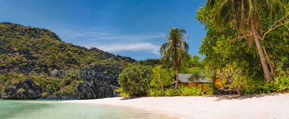 Hidden long so called Star Beach with sporadic accommodation. El Nido, Palawan, Philippines. Tour C - Stock Photo - Images
