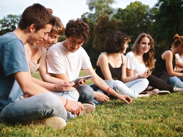 large group of students studying in a park with digital tablets