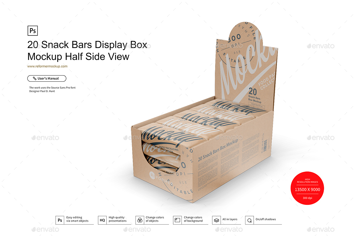 20 Kraft Snack Bars Display Box Mockup Half Side View By Reformer