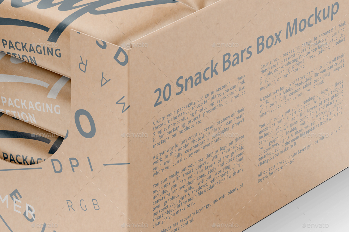 Download 20 Kraft Snack Bars Display Box Mockup Half Side View By Reformer PSD Mockup Templates