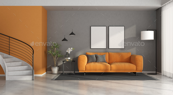 Gray And Orange Modern Living Room With, Orange And Grey Living Room