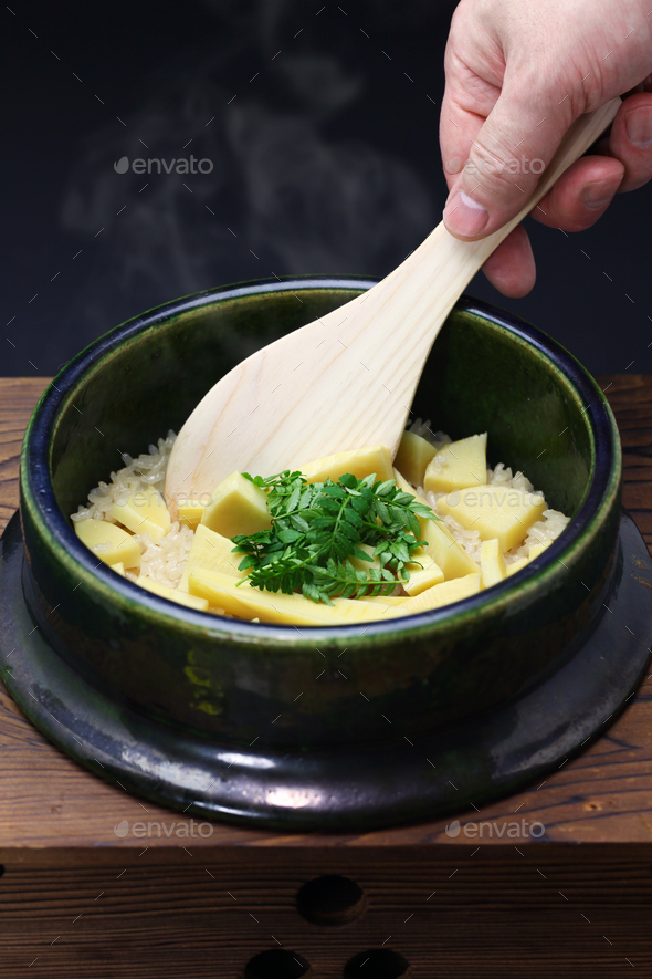 bamboo shoots rice, takenoko gohan, japanese food Stock Photo by motghnit
