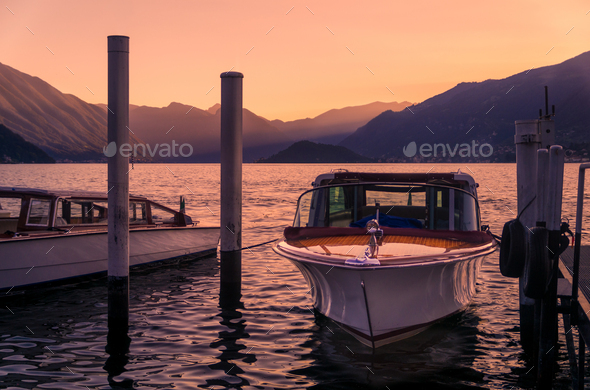 Boats Moored in Lake Como - Stock Photo - Images