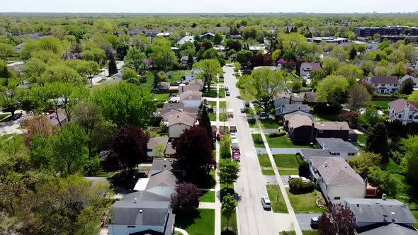 Wide Aerial Drone View Suburban Neighborhood with Identical Wealthy Villas Each Other alt
