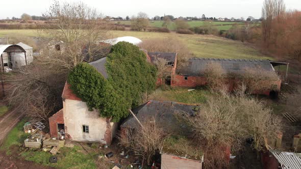 Old Rundown English Grade 2 Listed Farm House Aerial 4K