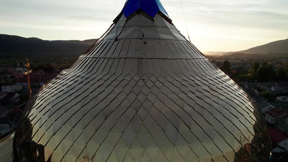 Golden Church Cross on Against Sunset Aerial View Majestic Temple in Ukraine alt