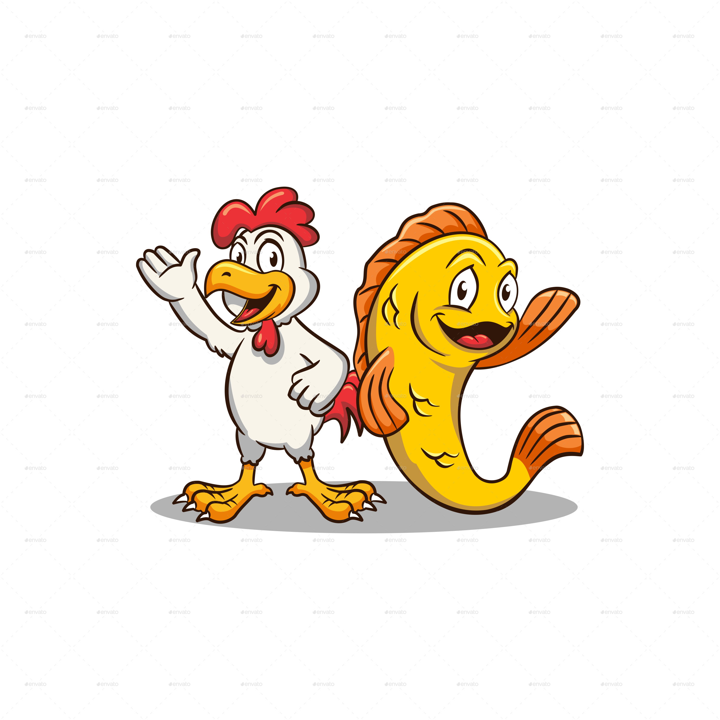 Cartoon Chicken and Fish by crapit | GraphicRiver