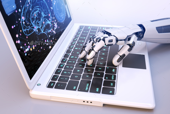 Robot's hand typing on keyboard - Stock Photo - Images