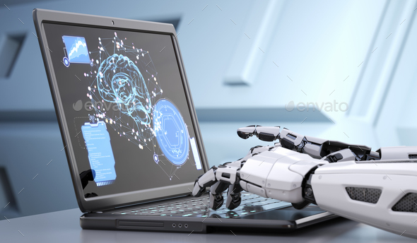 Robot's hands typing on keyboard - Stock Photo - Images