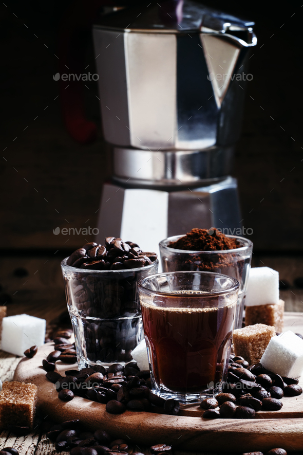 Three types of coffee Grinded Arabica coffee beans, freshly brewed