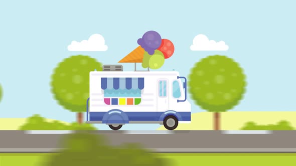 Animated Ice cream delivery van running on road at high speed.