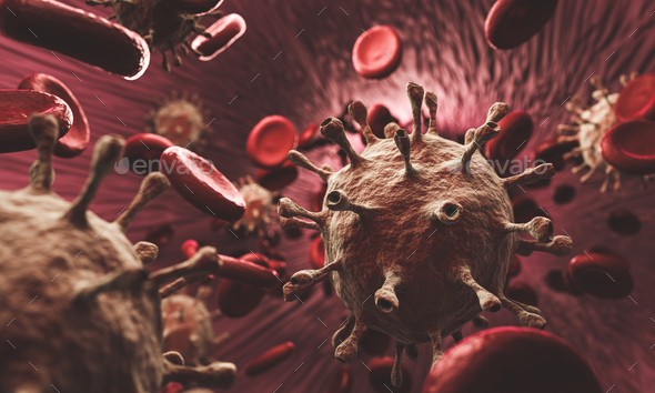 Coronavirus and blood cells in organism. - Stock Photo - Images