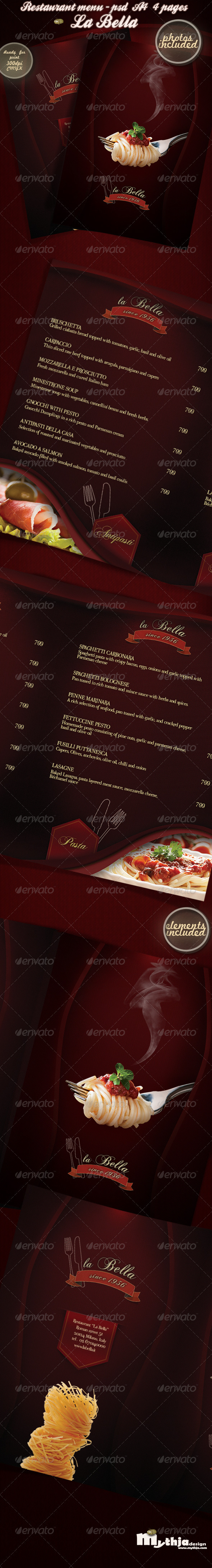 La Bella - Restaurant Menu - Photos Included - Food Menus Print Templates