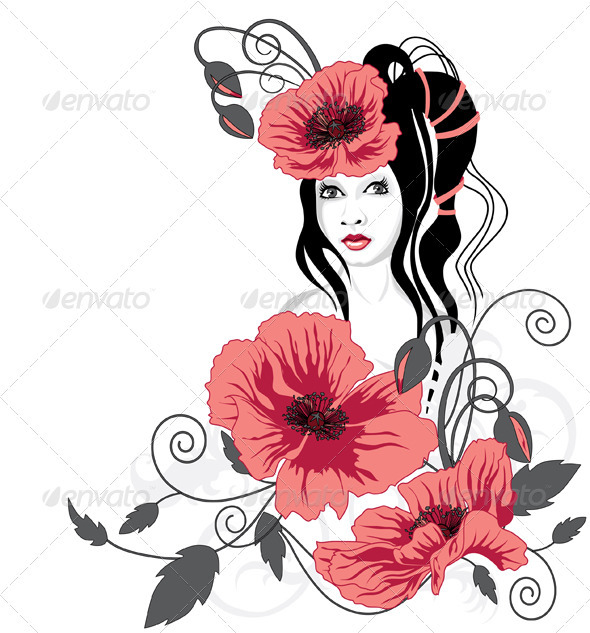 Girl and Red Flowers - People Characters