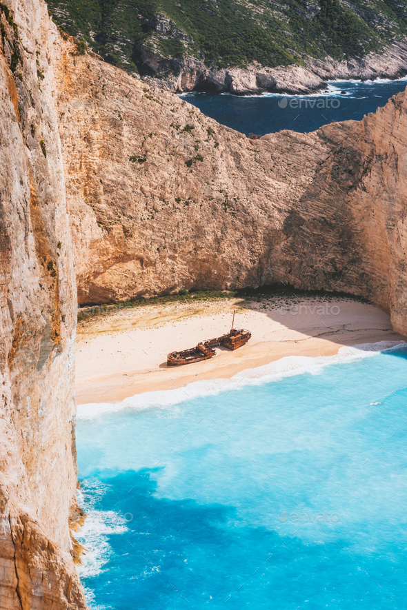 Zakynthos island, Greece. Famous Navagio beach with shipwreck in hot summer day. Turquoise water and - Stock Photo - Images