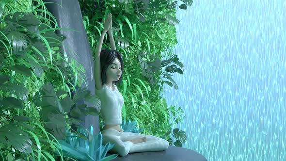 A girl in a yoga pose near a waterfall alt