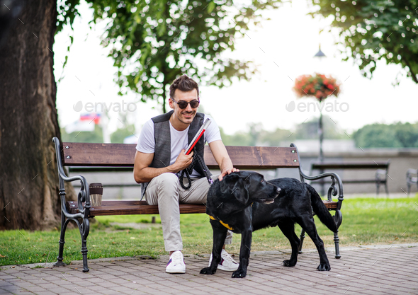 Young blind man with white cane and guide dog sitting in park in city