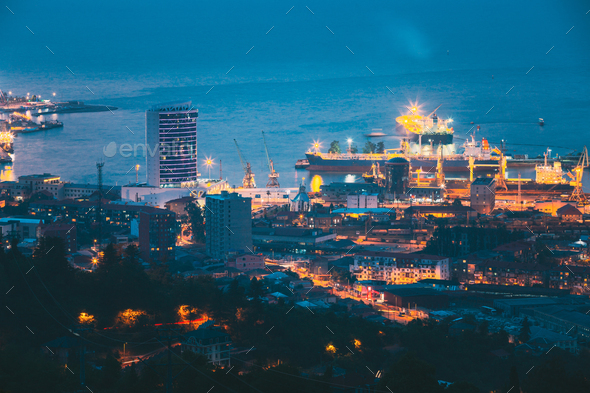 Batumi, Adjara, Georgia. Aerial View Of Urban Cityscape At Evening Or Night. Port Management - Stock Photo - Images