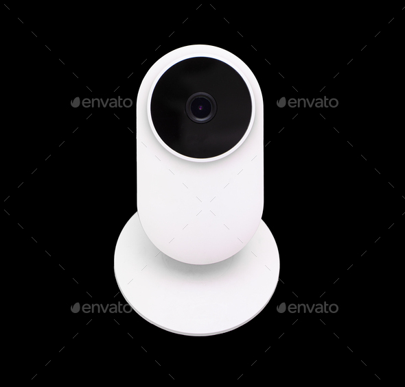 White compact IP WiFi Camera for home use isolated over black background