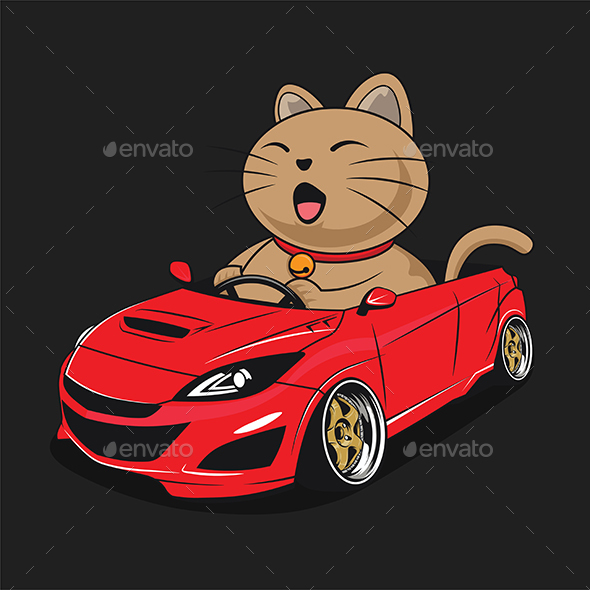 Happy Cat  in Red Car  by bansky rus GraphicRiver