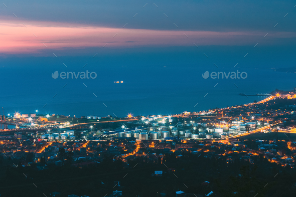Batumi, Adjara, Georgia. Aerial View Of Cityscape At Evening. Black Sea, Port And Fuel Storage In - Stock Photo - Images