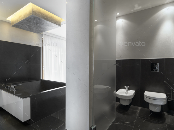 Interiors of the Modern Bathroom in the Attic Room - Stock Photo - Images