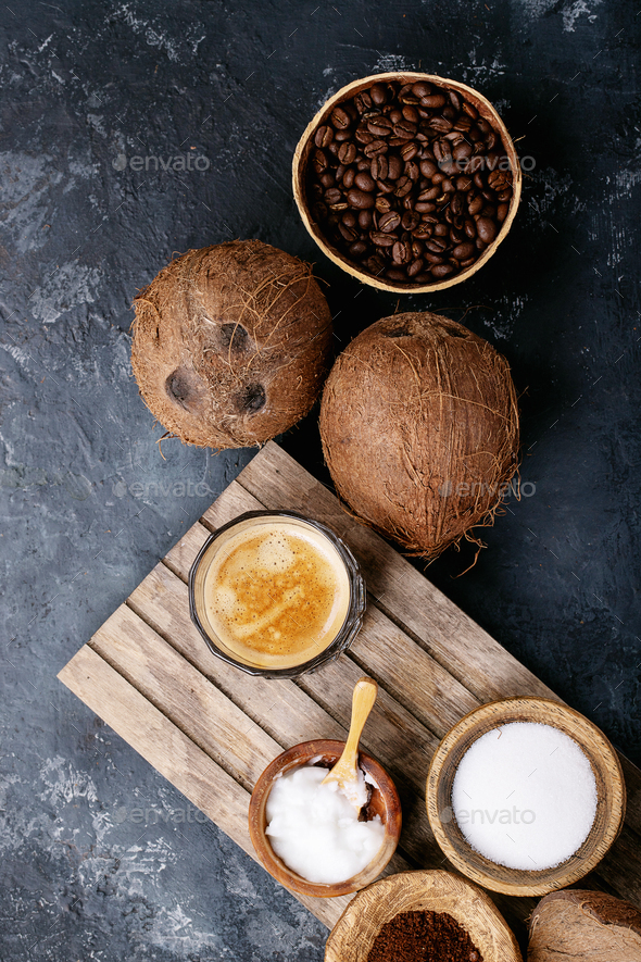 Bulletproof coffee with coconuts Stock Photo by Feirlight PhotoDune