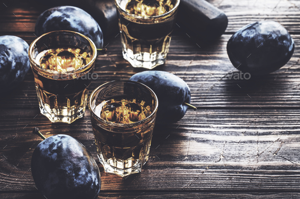 Slivovica - plum brandy or plum vodka, hard liquor, strong drink in glasses