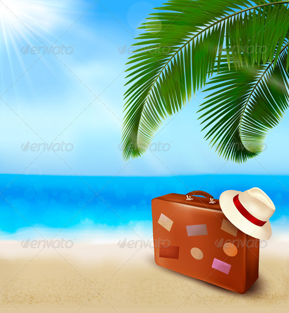 Seaside view with palm leaves and travel suitcase - Travel Conceptual