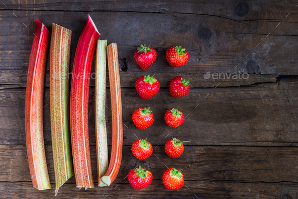 Pieces of Cut Rhubarb and Strawberries