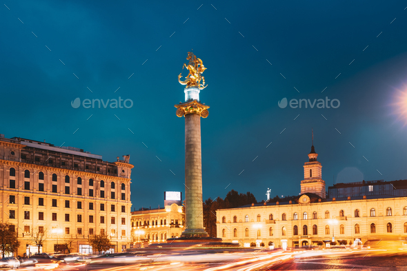 Tbilisi, Georgia, Eurasia. Liberty Monument Depicting St George Slaying The Dragon And Tbilisi City - Stock Photo - Images