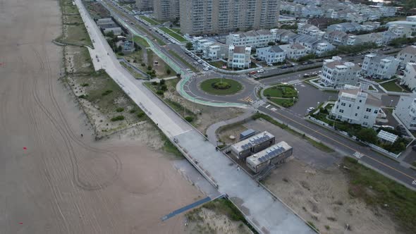 An aerial view of the beach in Arverne, NY, during a cloudy evening. The shot was taken by a camera alt