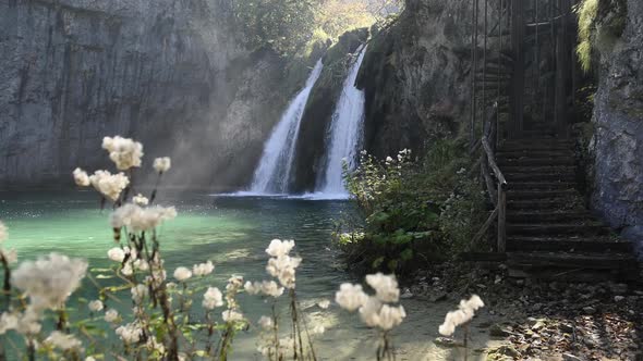 Amazing Waterfall with Pure Blue Water in Plitvice Lakes