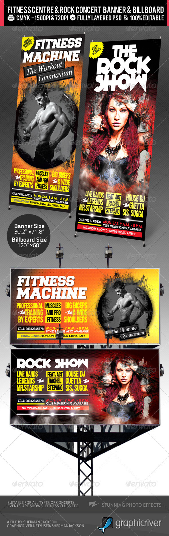 Rock Concert & Fitness Club Billboard+Banner PSD - Signage Print Templates
