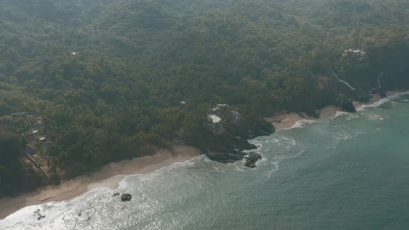 San Pancho serf spot. Drone flies along the beach. Panorama