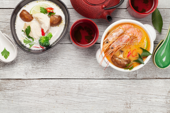 Tom Yum and Tom Kha traditional Thai soups - Stock Photo - Images