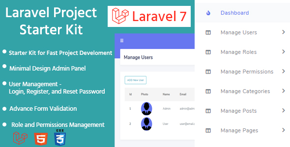 Laravel 7 Bootstrap 4 Starter Kit – User Manager, Role, Permission, Media Library CRUD, and more.