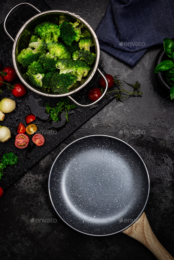 Empty Pan on Kitchen Counter with Fresh Vegetables. Product Template Mock Up.