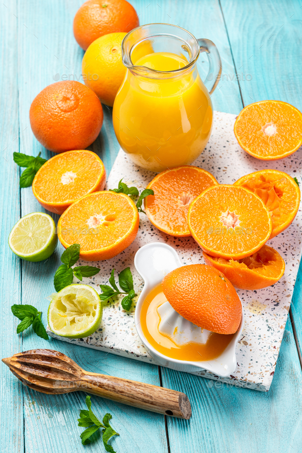 Pitcher of freshly squeezed orange juice Stock Photo