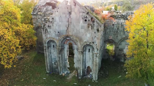 Aerial 4k footage of Artvin Şavşat Cevizli Tibetan Church with drone.