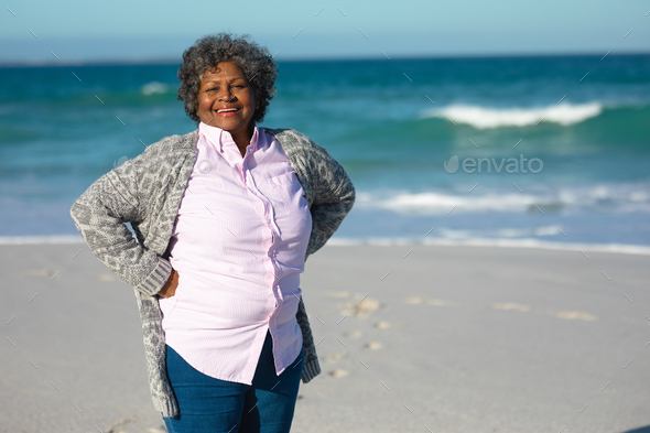 Beautiful Mature Adult Woman Swimsuit Stands Stock Photo